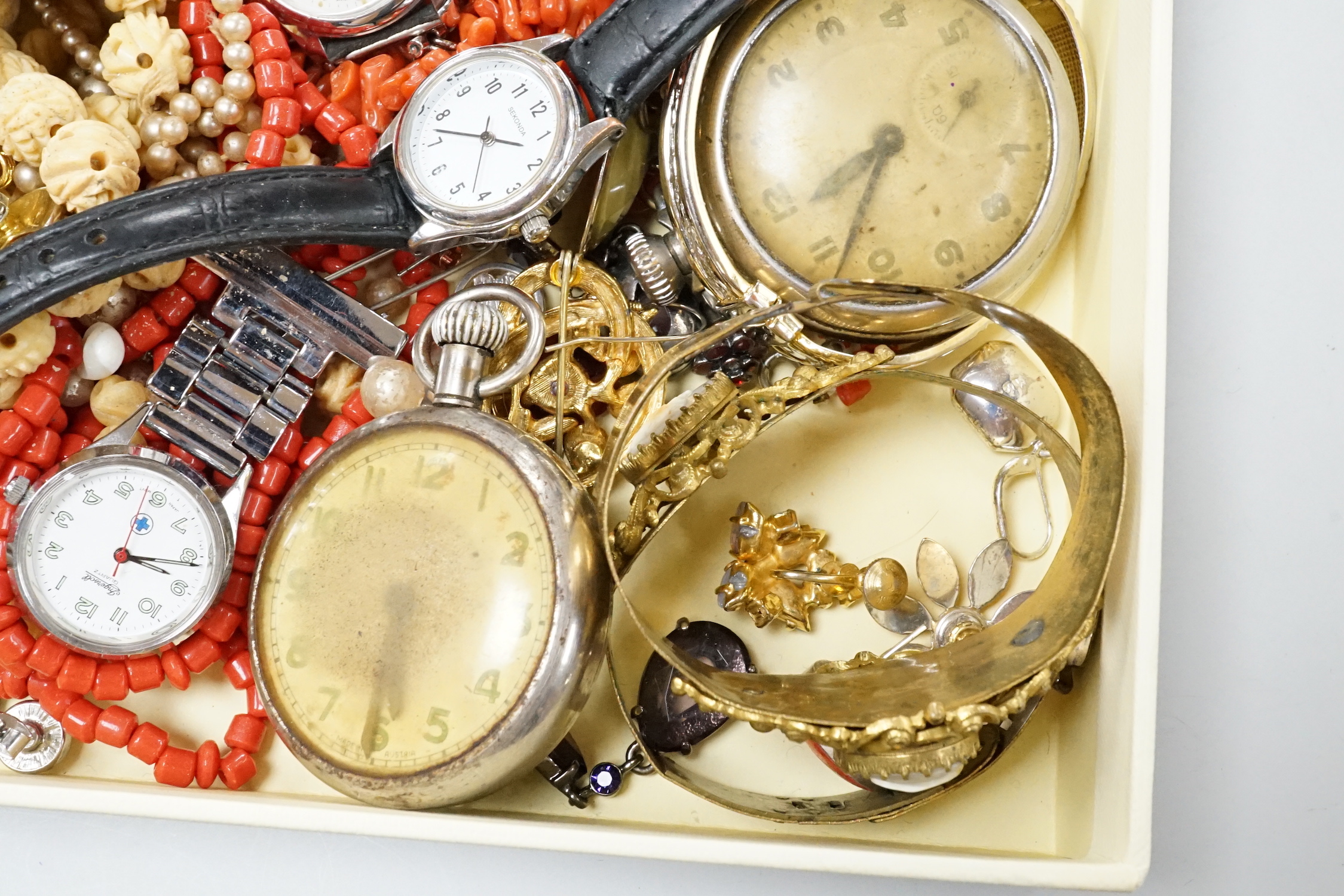 A group of assorted wrist and pocket watches and sundry costume jewellery.